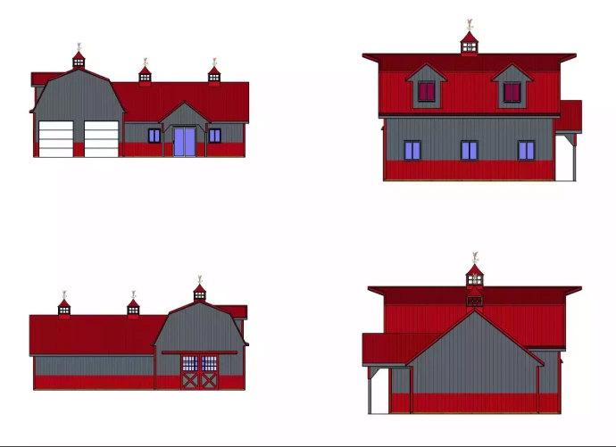 four skeetches of barn to help guide the custom construction process